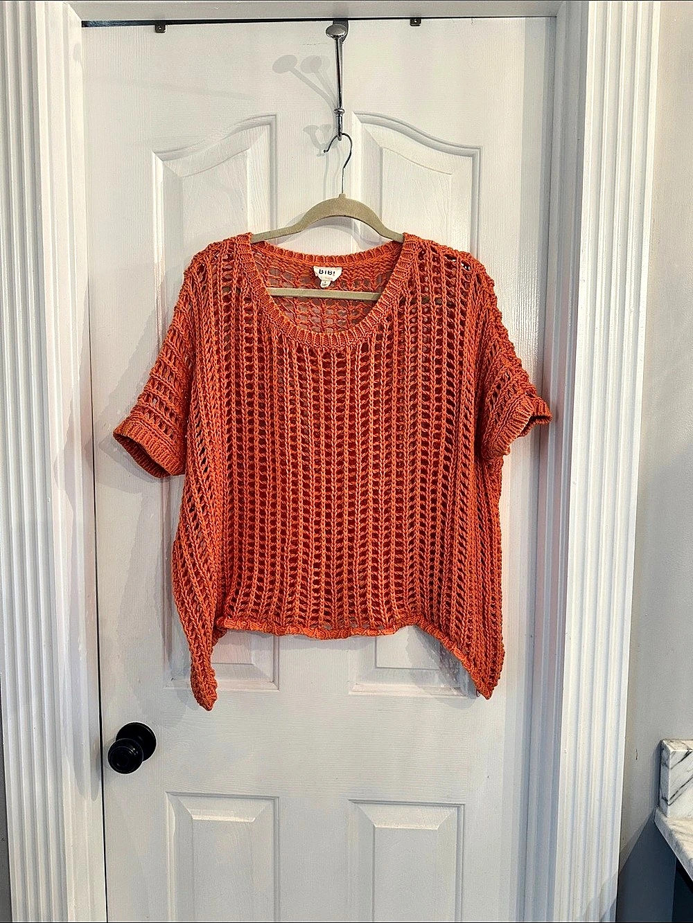 Bibi Open Knit Short Sleeve Sweater in Orange Like New